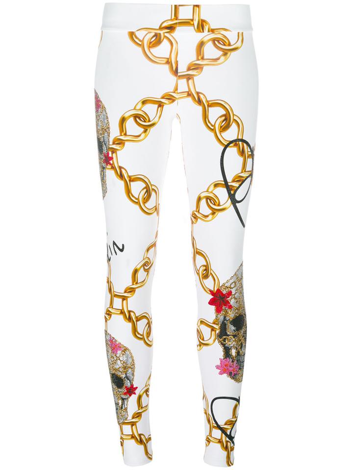 Philipp Plein Chain Print Skinny Trousers, Women's, Size: Small, White, Cotton/spandex/elastane