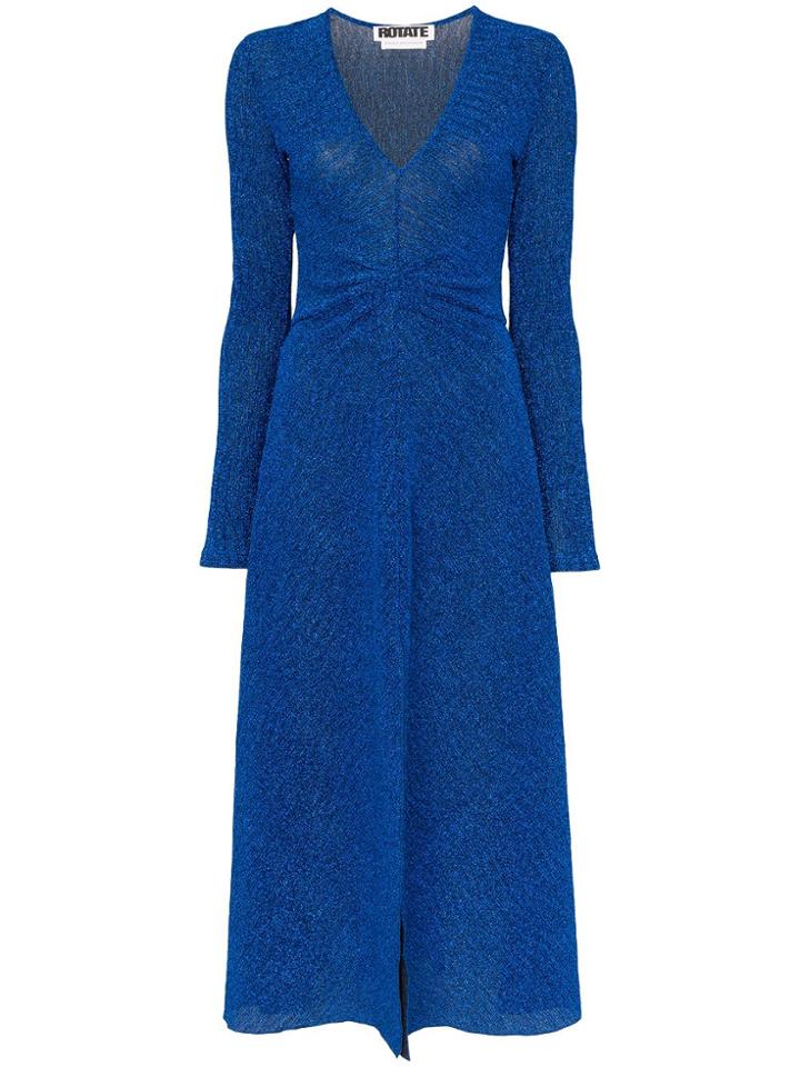 Rotate Gathered Waist Lurex Midi Dress - Blue