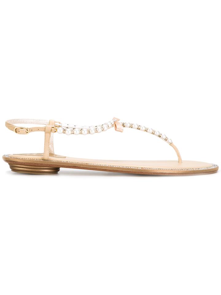 René Caovilla Pearled T-bar Sandals - Nude & Neutrals