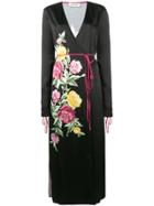 Attico Grace Floral Satin Wrap Midi Dress - Black