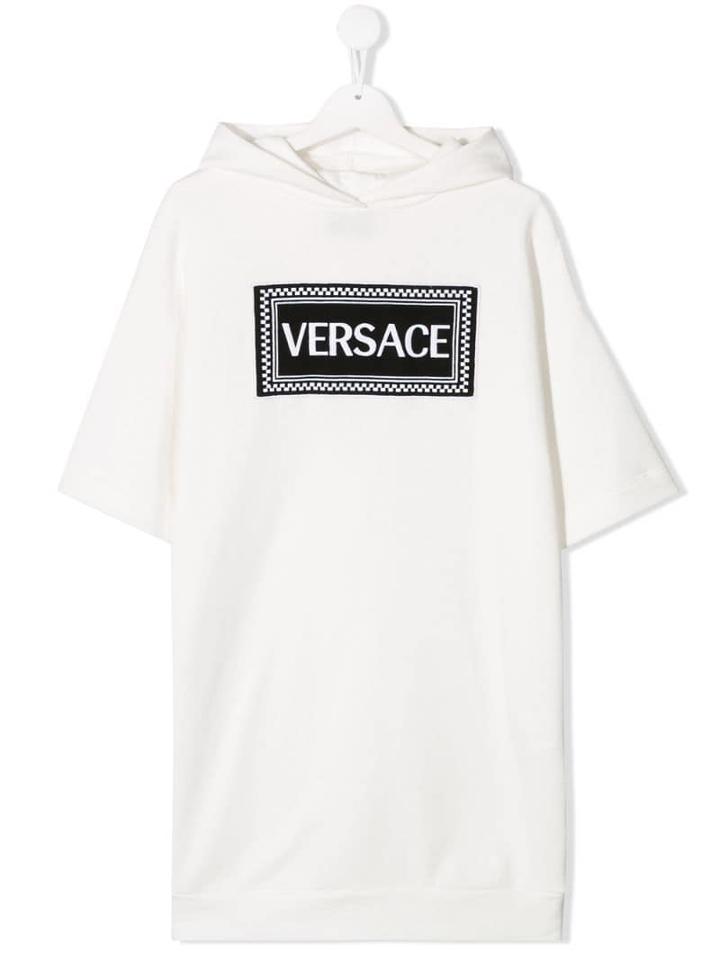 Young Versace Teen Logo Print Hoodie Dress - White