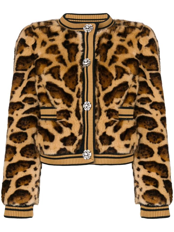 Dolce & Gabbana Faux Fur Leopard Print Jacket - Brown