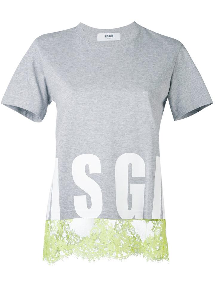 Msgm - Lace Trim T-shirt - Women - Cotton - Xs, Grey, Cotton
