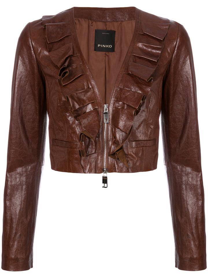 Pinko Frill Trim Cropped Leather Jacket - Brown