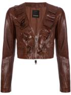 Pinko Frill Trim Cropped Leather Jacket - Brown