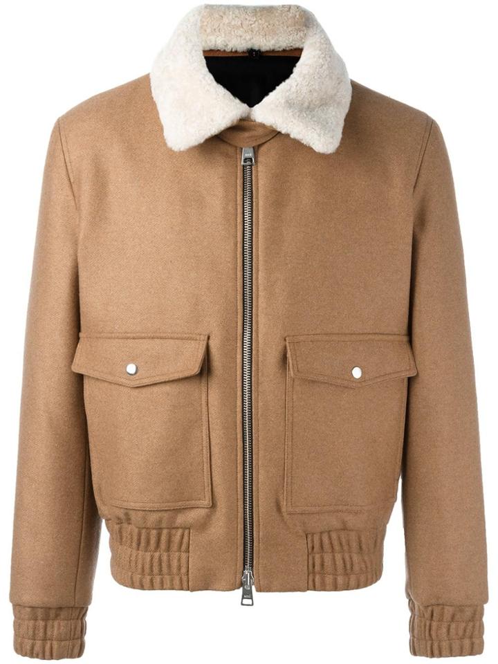 Ami Alexandre Mattiussi Zipped Bomber Jacket Shearling Collar - Nude &