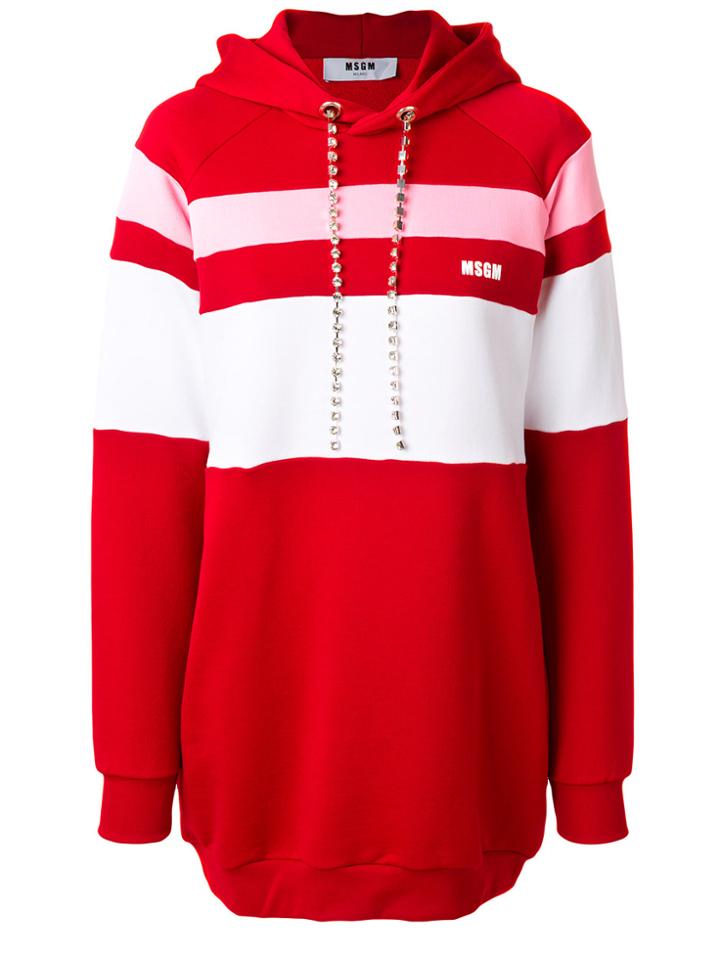 Msgm Stripe Panelled Hoodie Dress With Gemstone Embellished Drawstring