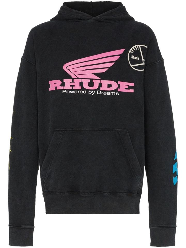 Rhude Logo Print Cotton Hoodie - Black
