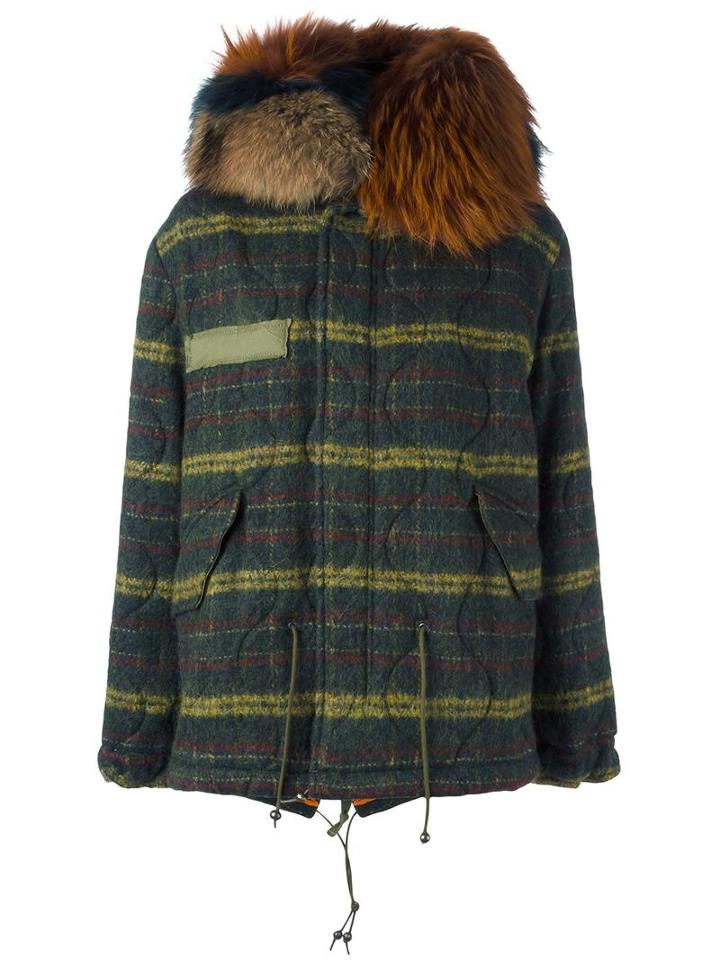 Mr & Mrs Italy Checked Mini Parka, Women's, Size: Xs, Green, Racoon Fur/virgin Wool/polyester/viscose