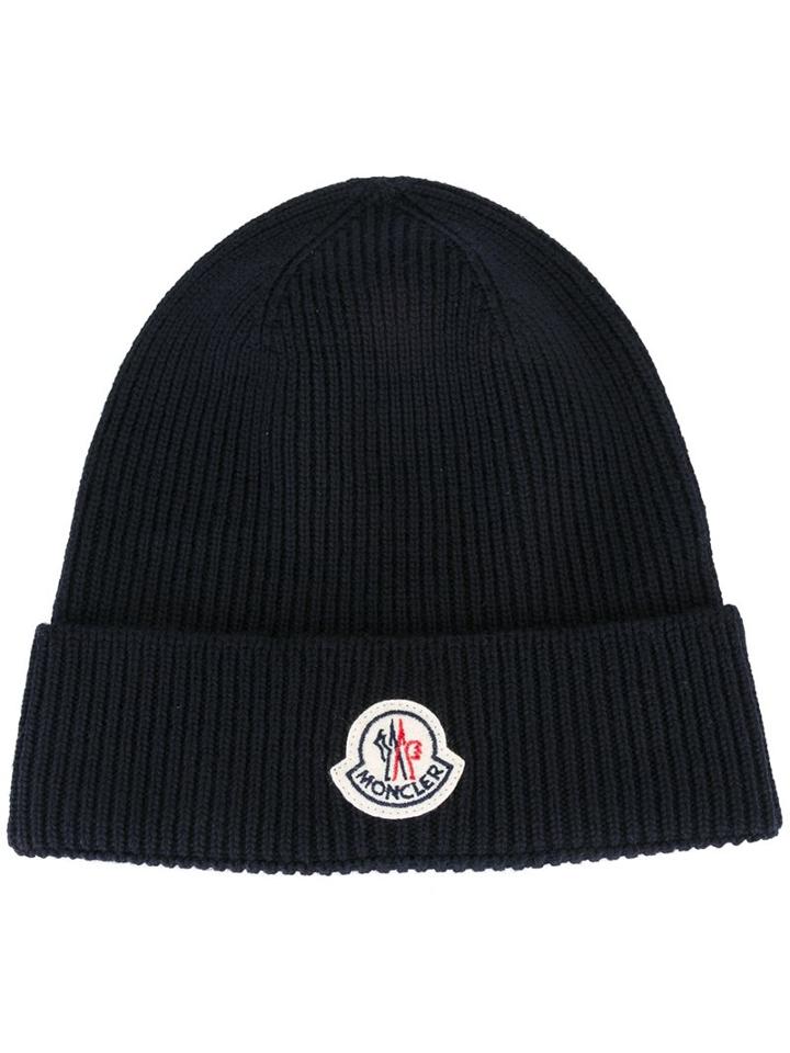Moncler Ribbed Knit Beanie, Men's, Blue, Virgin Wool