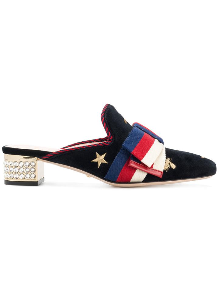 Gucci Gg Web Crystal Heel Mules - Black
