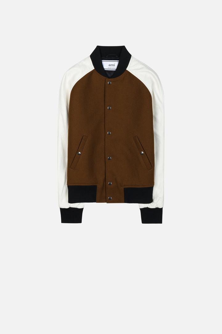 Ami Alexandre Mattiussi Leather Sleeve Bomber Jacket, Men's, Size: Xl, Brown, Acetate