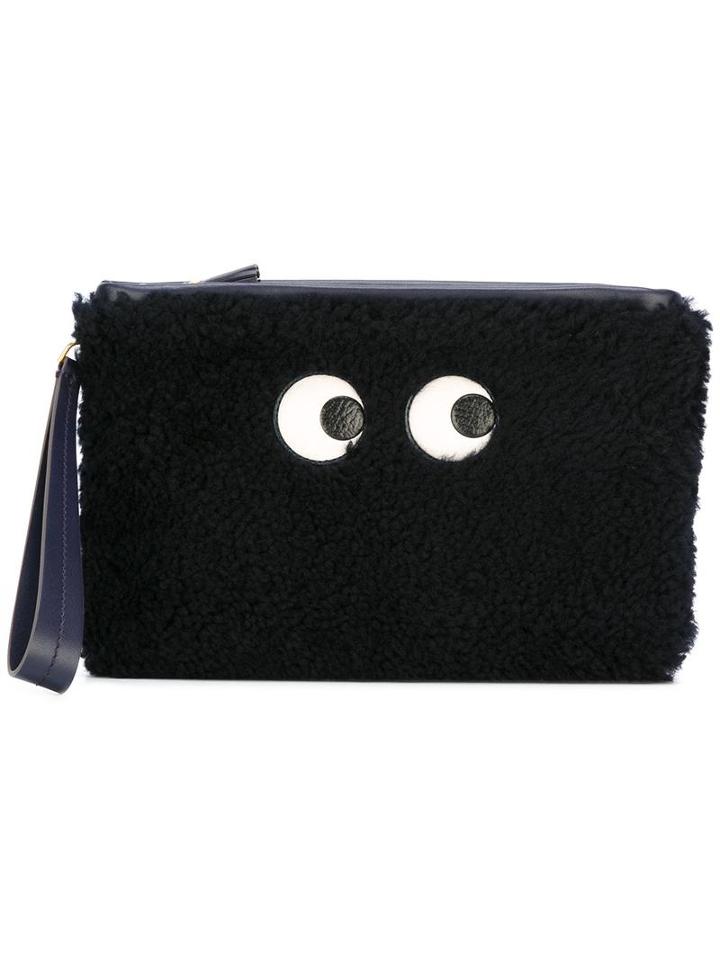 Anya Hindmarch Zipped Top 'eyes' Pouch, Women's, Blue, Sheep Skin/shearling