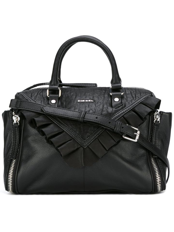 Diesel Ruffled Trim Shoulder Bag, Women's, Black, Calf Leather