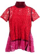 Sacai Floral Lace Pintuck Blouse, Women's, Size: 4, Red, Cotton/nylon/rayon