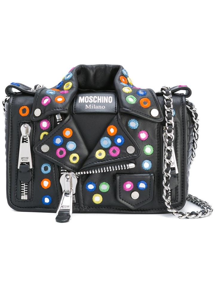 Moschino Mirror Embellished Biker Shoulder Bag, Women's, Black, Goat Skin/leather/nylon/metal