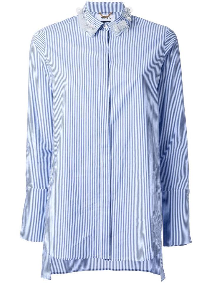 Muveil Embellished Collar Striped Shirt, Women's, Size: 38, Blue, Cotton