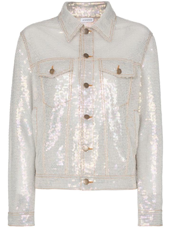 Ashish Sequin Embellished Collared Faux Denim Jacket - Metallic