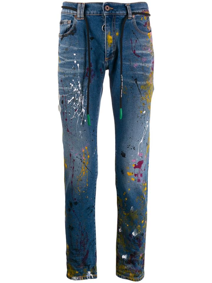 Off-white Paint Splashed Distressed Denim Jeans - Blue