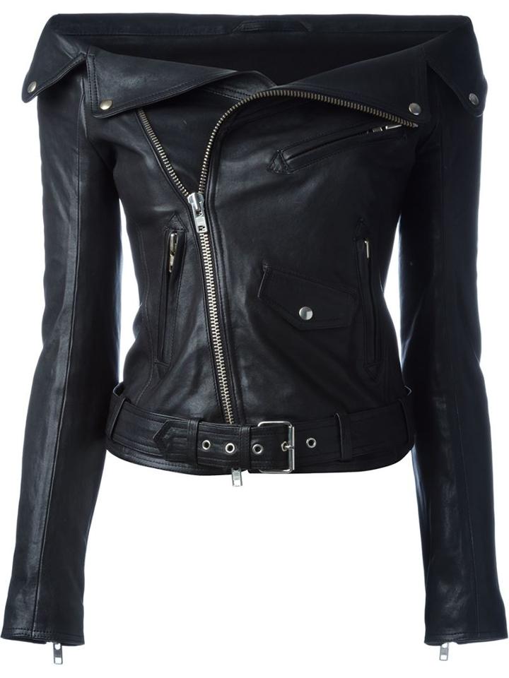 Faith Connexion Off-shoulder Biker Jacket, Women's, Size: 36, Black, Lamb Skin/polyester/cotton/viscose