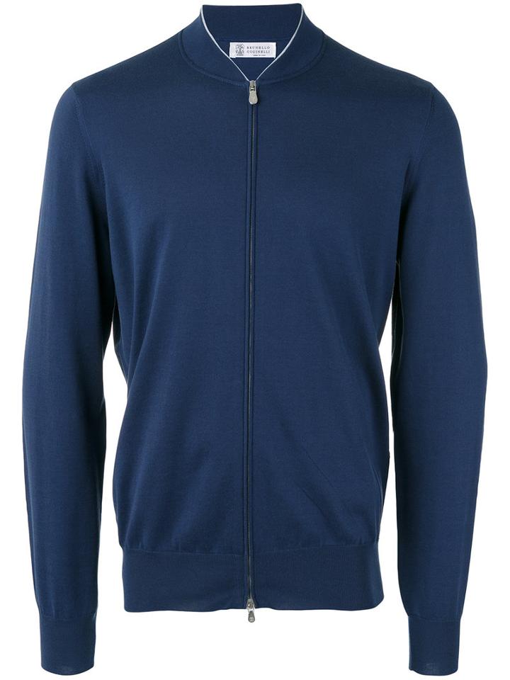Brunello Cucinelli Bomber Style Zipped Cardigan, Men's, Size: 52, Blue, Cotton