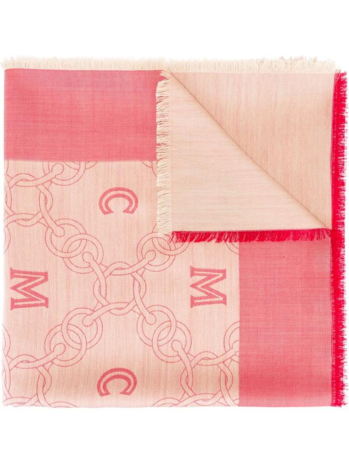 Mcm Logo Print Scarf, Women's, Red, Silk/wool