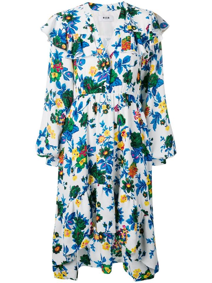 Msgm Floral Print Ruffle Dress - White