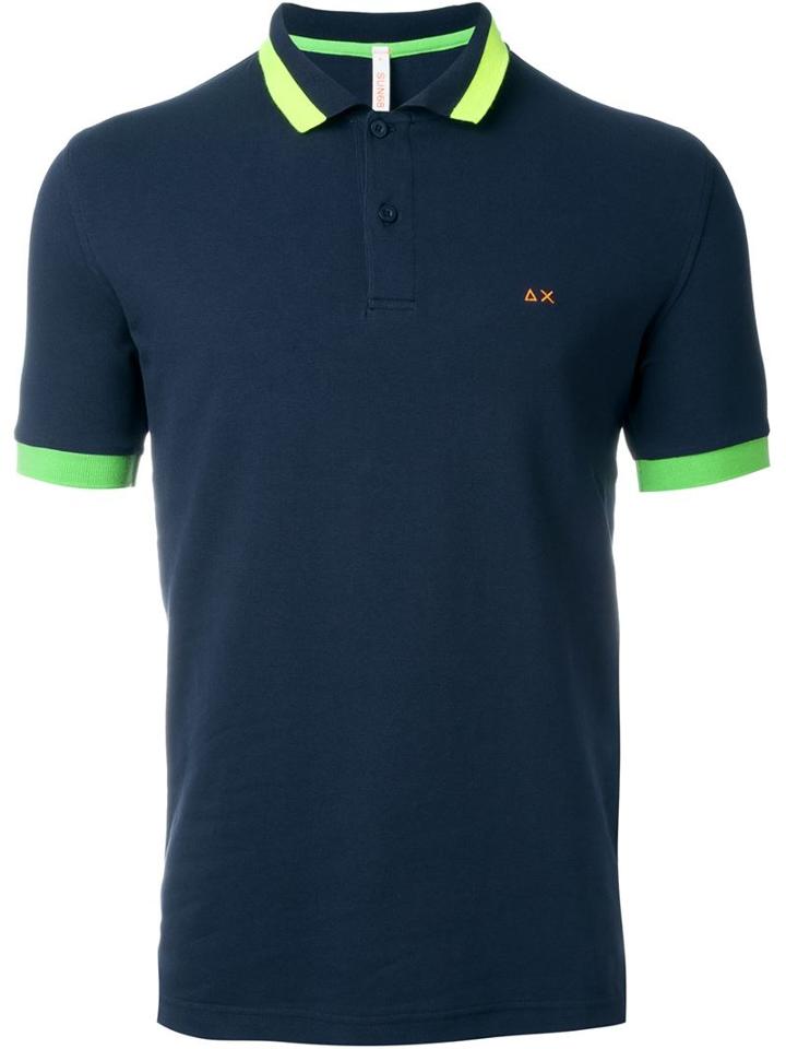 Sun 68 Wide Collar And Sleeve Detail Righe Fluo Polo Shirt, Men's, Size: Xl, Blue, Cotton/spandex/elastane