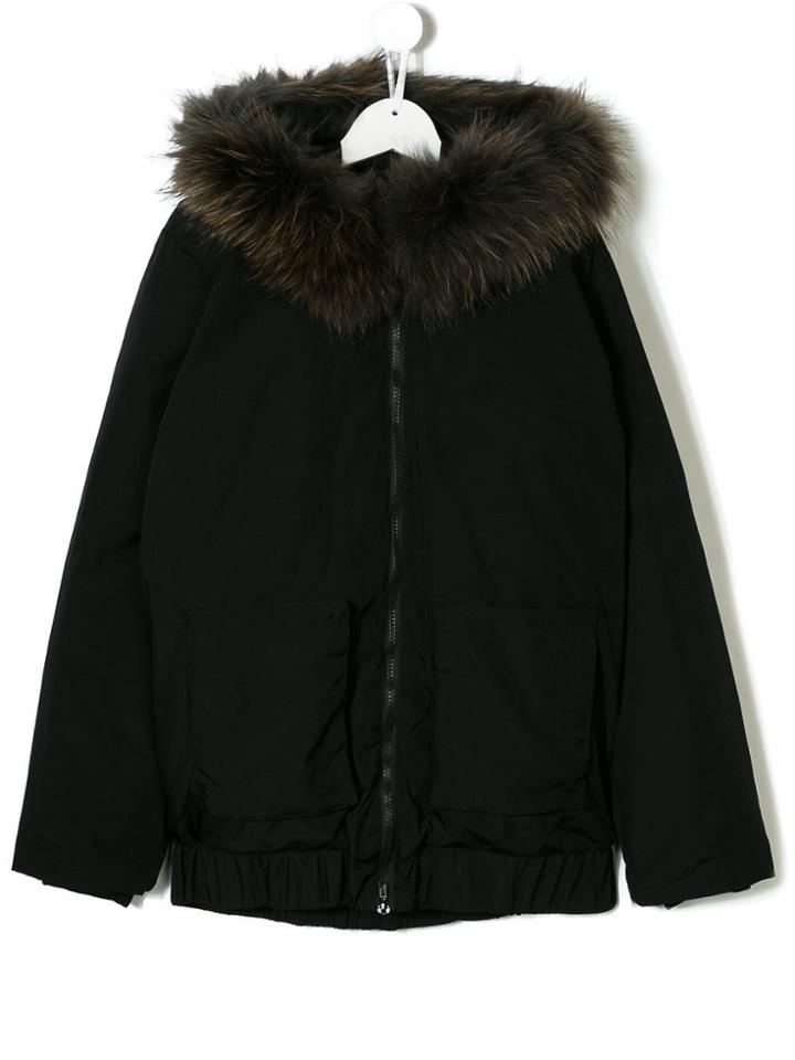 Douuod Kids Teen Fur-trim Hood Coat - Black