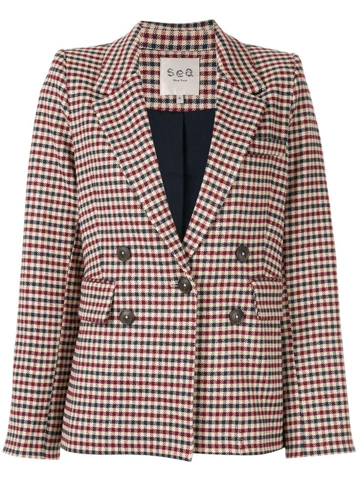 Sea Check-print Double Breasted Blazer - Red