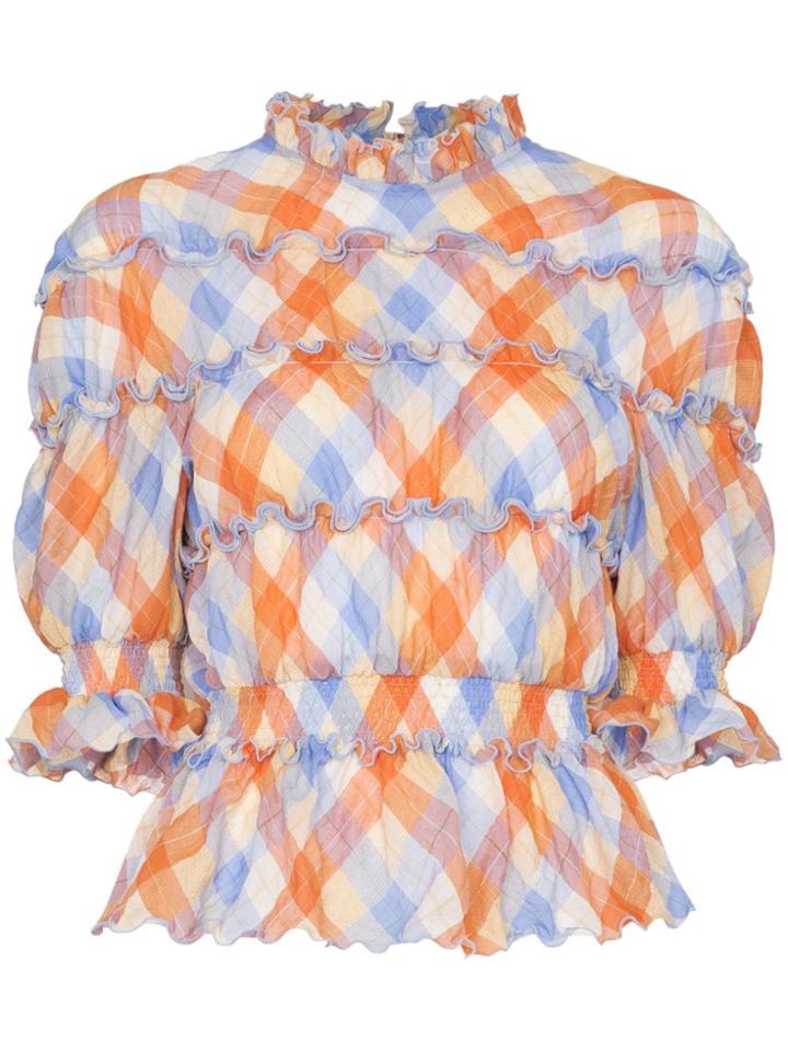 Rejina Pyo High-neck Check Print Ruffle Detail Blouse - Blue