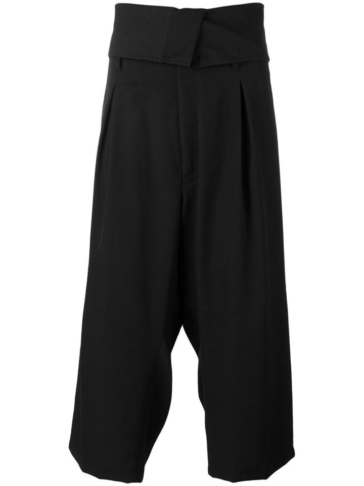 Yohji Yamamoto Drop Crotch Cropped Trousers, Men's, Size: 3, Black, Cotton/wool