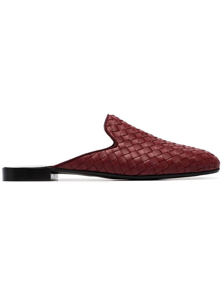 Bottega Veneta Fiandra Flat Woven Leather Slippers - Red