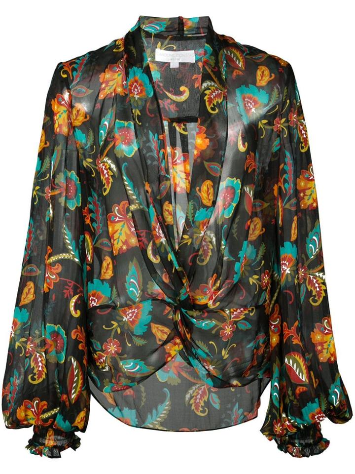 Caroline Constas Sheer Printed Plunge Blouse - Black