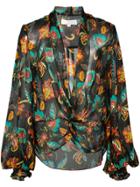 Caroline Constas Sheer Printed Plunge Blouse - Black