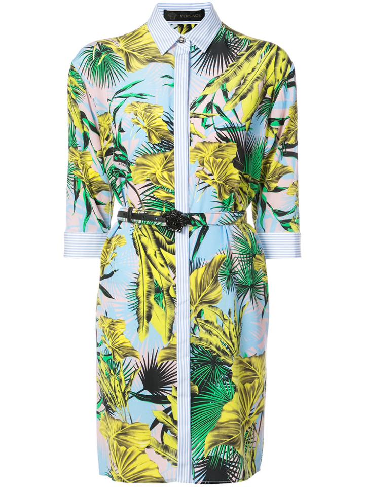 Versace Leaves Print Shirt Dress - Blue