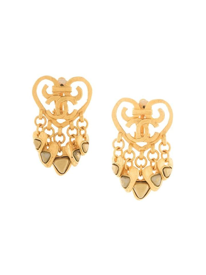 Chanel Pre-owned Cc Heart Fringed Earrings - Gold