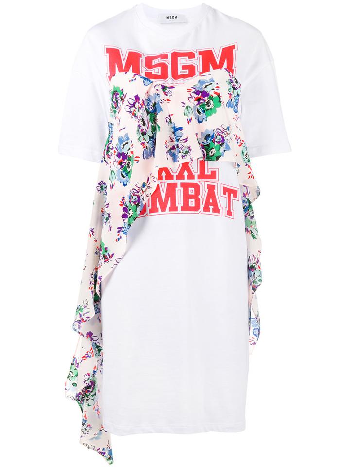Msgm Floral Ruffle T-shirt Dress, Women's, Size: Small, White, Cotton