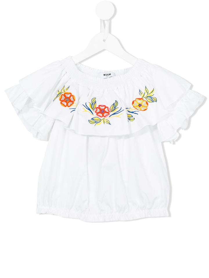 Msgm Kids Embroidered Flower Blouse, Size: 14 Yrs, White
