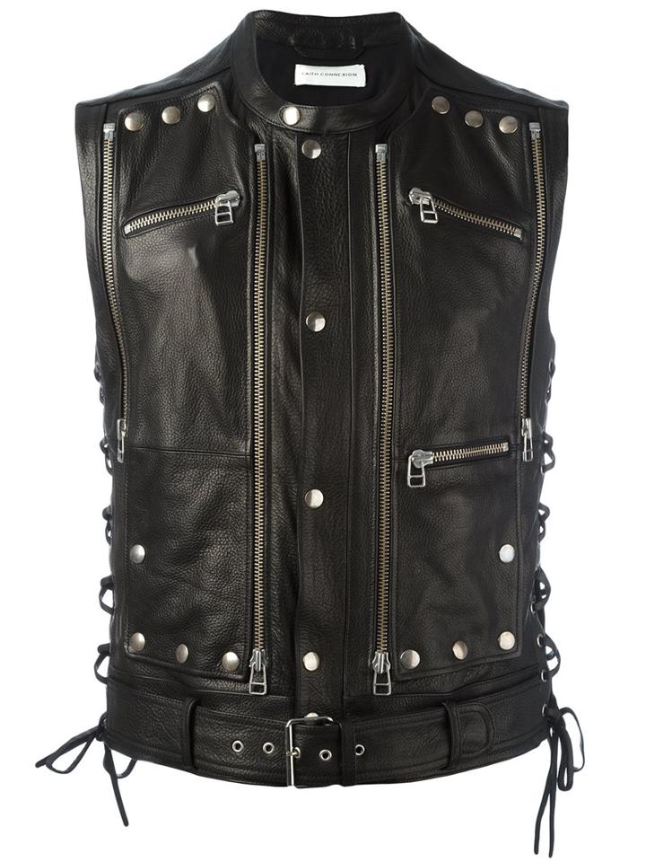 Faith Connexion Studded Zip Up Sleeveless Jacket, Men's, Size: Small, Black, Cotton/leather/polyester