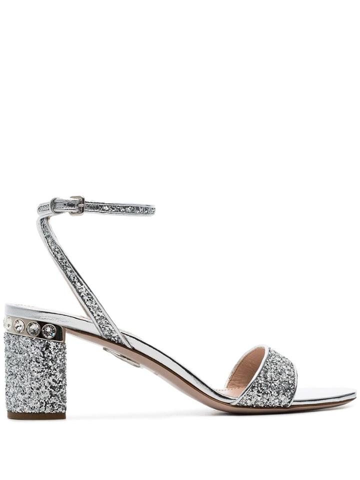Miu Miu 65 Glitter Block Sandals - Silver