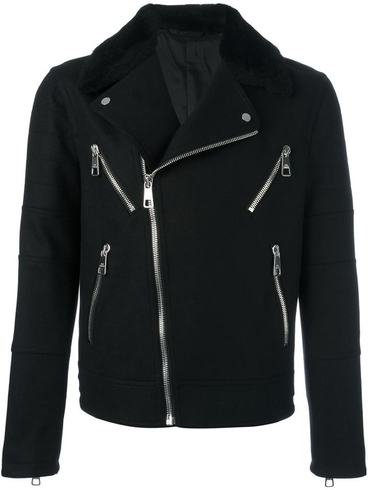 Neil Barrett Multi-pocket Biker Jacket, Men's, Size: Large, Black, Cotton/lamb Skin/polyamide/lamb Fur