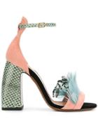 L'autre Chose Feather Embellished Colour Block Sandals - Pink & Purple