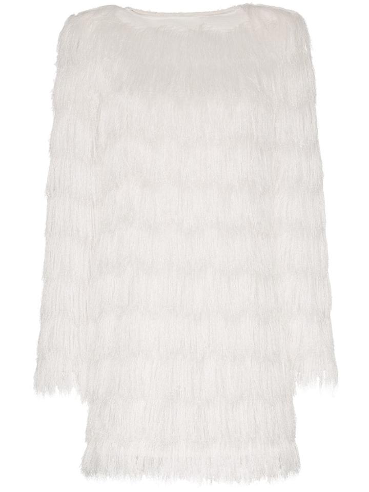 Balmain Fringe Detail Long Sleeved Shift Dress - White