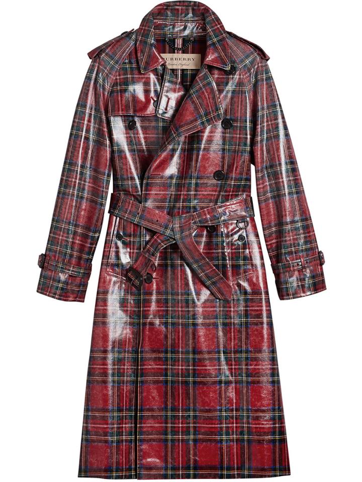 Burberry Patent Tartan Trench Coat - Red