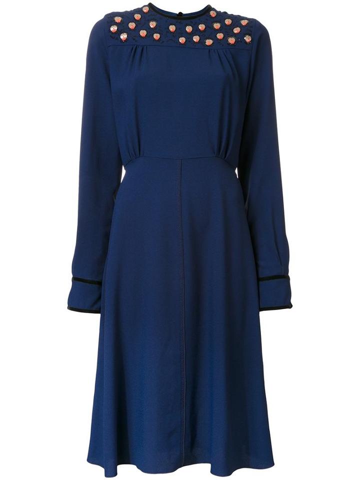 Msgm Embellished Yoke Midi Dress, Women's, Size: 42, Blue, Polyester/acetate/viscose