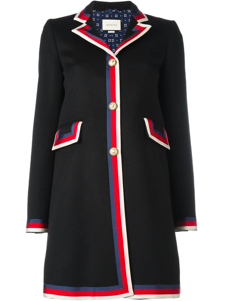 Gucci Sylvie Web Trim Coat, Women's, Size: 42, Black, Wool/silk/viscose/cotton