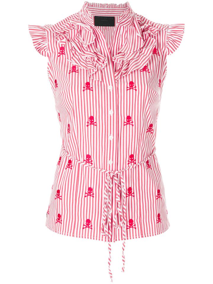 Philipp Plein Stripe And Skull Blouse With Frill Trim - White