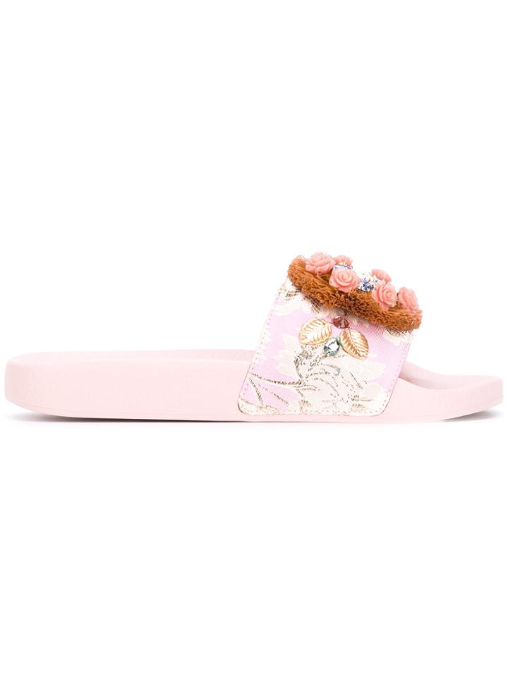 Dolce & Gabbana Raffia Embellished Slides - Pink & Purple