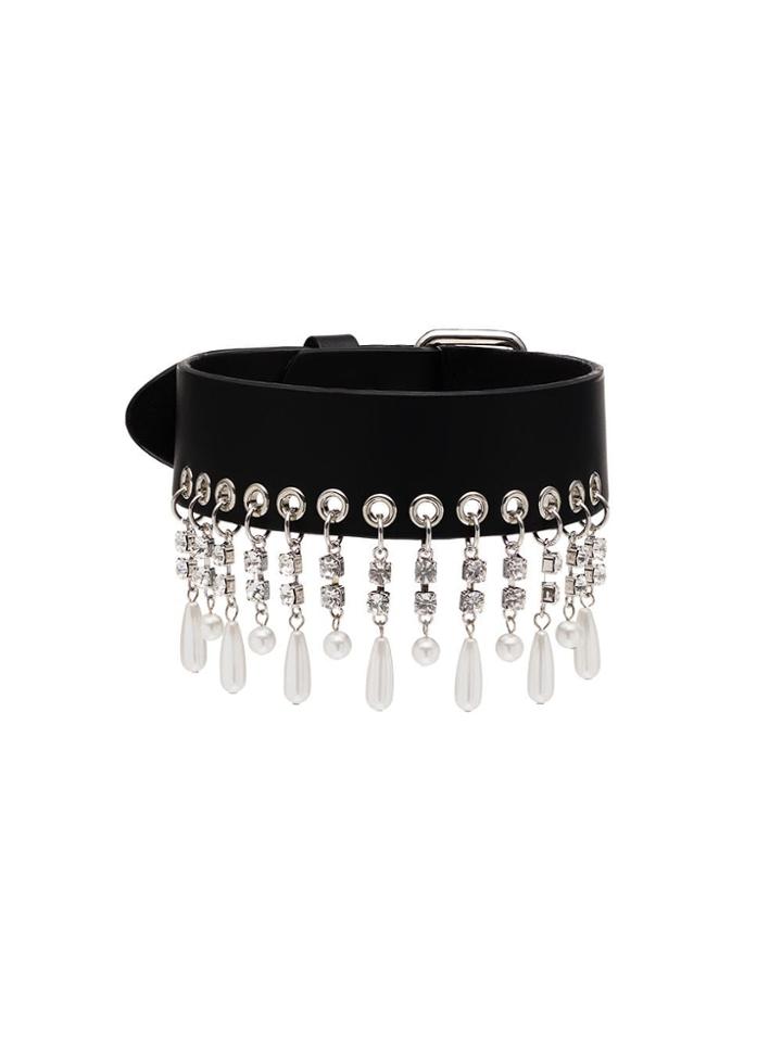 Alessandra Rich Drop Pearl Embellished Choker - Black